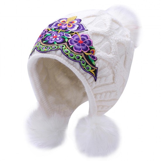 Women Winter Warm Floral Embroidered Knit Beanie Hat Outdoor Earmuffs Skullcap