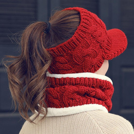 Women Winter Warm Knitted Hats And Windproof Neck Collar Scarves Set Double Layers Cap Scarf