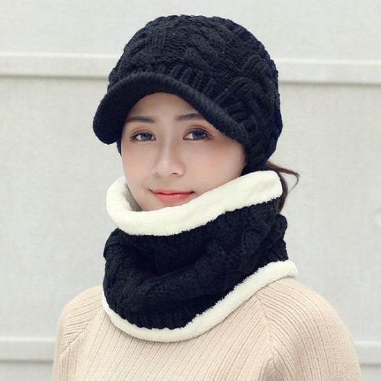 Women Winter Warm Knitted Hats And Windproof Neck Collar Scarves Set Double Layers Cap Scarf