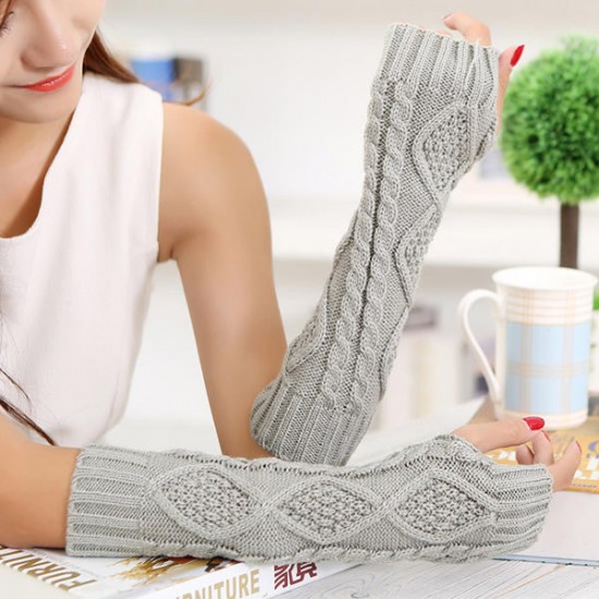 Women Winter Warm Knitting Fingerless Long Sleeve Gloves Casual Rhombic Pattern Gloves