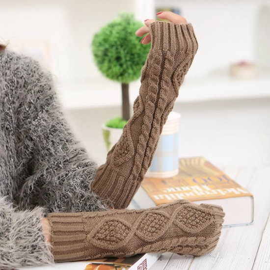 Women Winter Warm Knitting Fingerless Long Sleeve Gloves Casual Rhombic Pattern Gloves