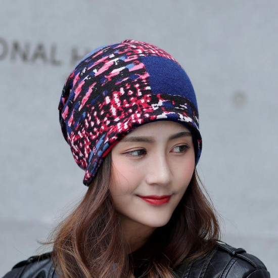 Women Winter Warm Rabbit Fur Hat Headscarf Printing Knit Beanie Neck Warmer Pile Cap