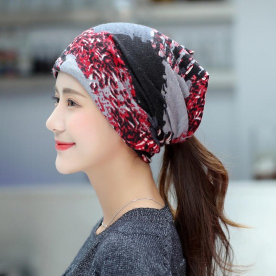 Women Winter Warm Rabbit Fur Hat Headscarf Printing Knit Beanie Neck Warmer Pile Cap