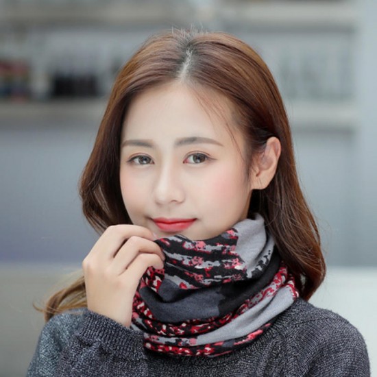 Women Winter Warm Rabbit Fur Hat Headscarf Printing Knit Beanie Neck Warmer Pile Cap