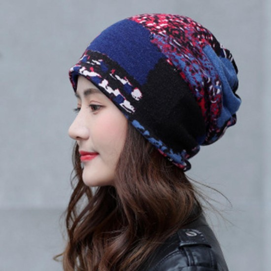 Women Winter Warm Rabbit Fur Hat Headscarf Printing Knit Beanie Neck Warmer Pile Cap