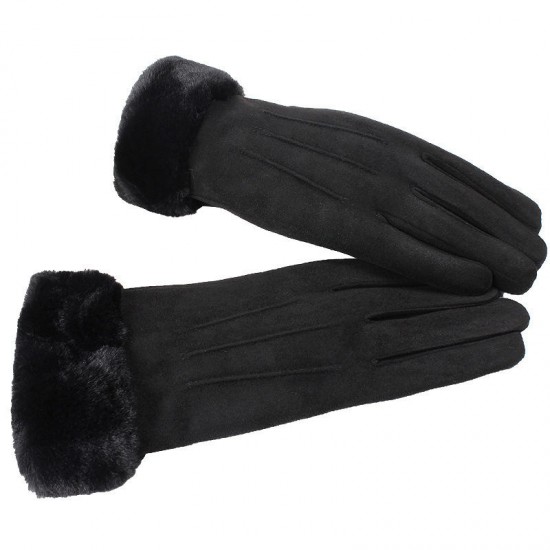 Women Winter Warm Thick Plus Velvet Lined Suede Glove Windproof Cycling Touch Screen Gloves