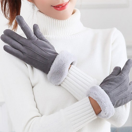 Women Winter Warm Thick Plus Velvet Lined Suede Glove Windproof Cycling Touch Screen Gloves