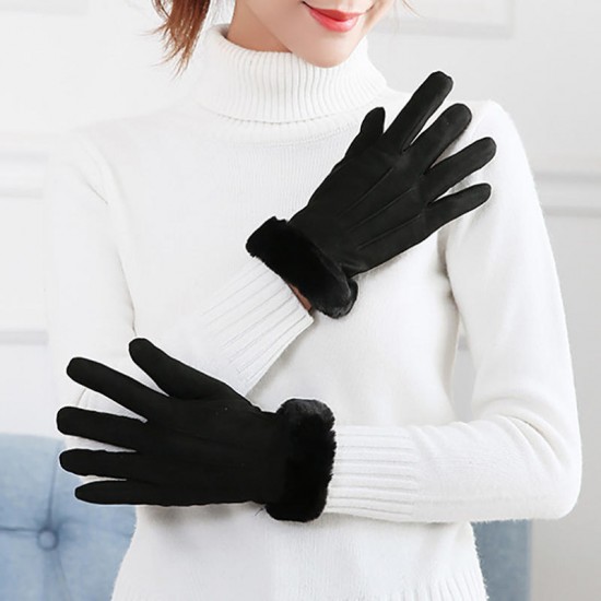 Women Winter Warm Thick Plus Velvet Lined Suede Glove Windproof Cycling Touch Screen Gloves