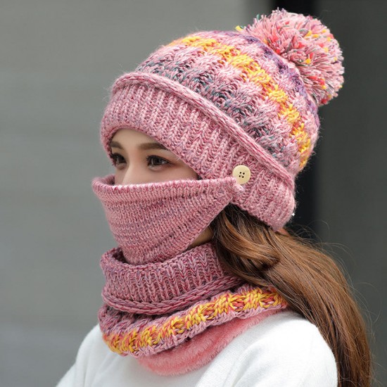 Women Winter Warm Thicken Plus Velvet Knit Hat Scarf Set with Face Mask Windproof Earmuffs Ski Cap