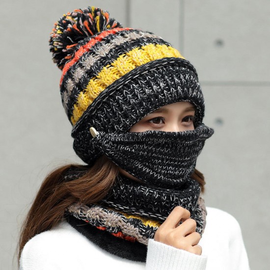 Women Winter Warm Thicken Plus Velvet Knit Hat Scarf Set with Face Mask Windproof Earmuffs Ski Cap