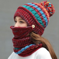 Women Winter Warm Thicken Plus Velvet Knit Hat Scarf Set with Face Mask Windproof Earmuffs Ski Cap