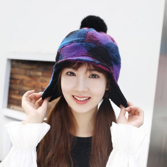 Women Winter Warm Wool Hat Detachable Pompom Lambswool Lining Earmuff Hat