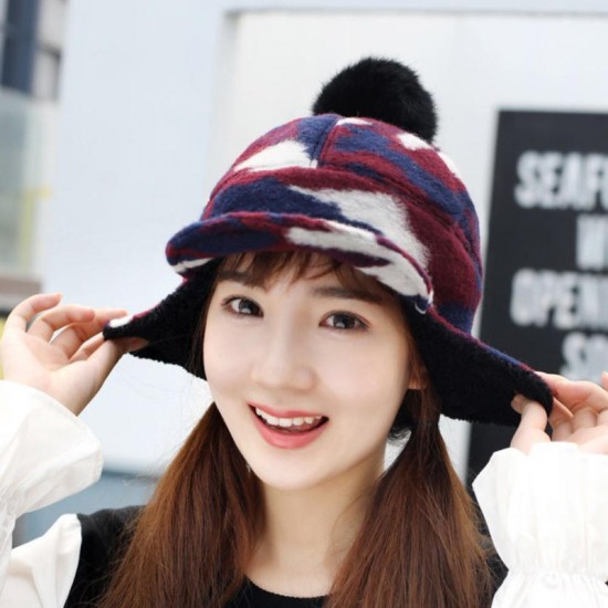 Women Winter Warm Wool Hat Detachable Pompom Lambswool Lining Earmuff Hat