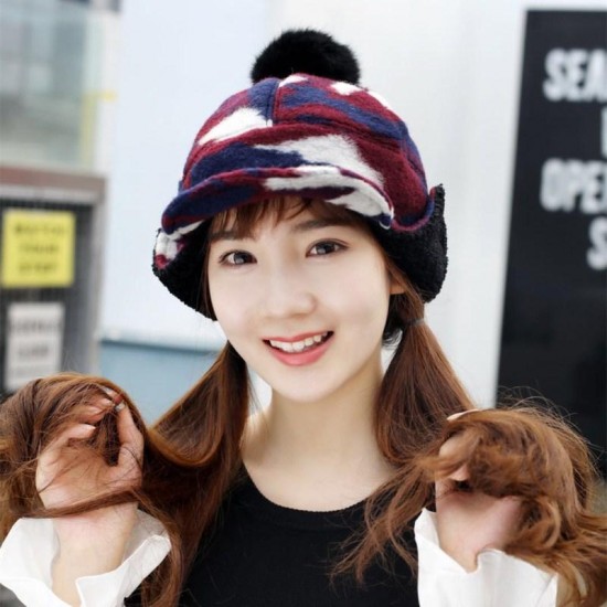 Women Winter Warm Wool Hat Detachable Pompom Lambswool Lining Earmuff Hat