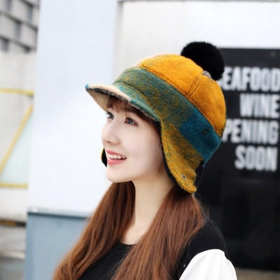 Women Winter Warm Wool Hat Detachable Pompom Lambswool Lining Earmuff Hat