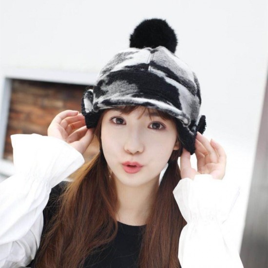 Women Winter Warm Wool Hat Detachable Pompom Lambswool Lining Earmuff Hat