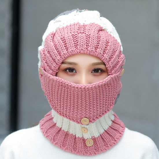 Women Winter Windproof Warm Plus Velvet Knit Hat Scarf Set with Face Mask Thicken Ski Earmuffs Cap