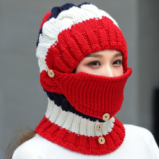 Women Winter Windproof Warm Plus Velvet Knit Hat Scarf Set with Face Mask Thicken Ski Earmuffs Cap