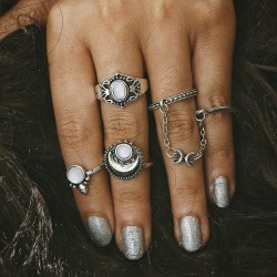 Women's 5 Pcs Vintage Ring Set Gold Silver Moon Opal Gem Trendy Knuckle Rings Gift