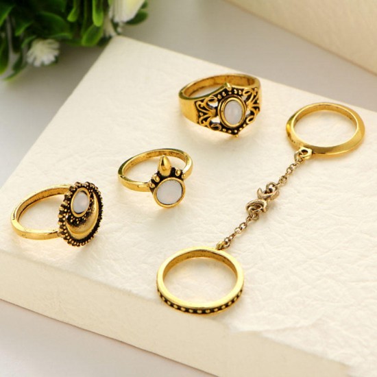 Women's 5 Pcs Vintage Ring Set Gold Silver Moon Opal Gem Trendy Knuckle Rings Gift