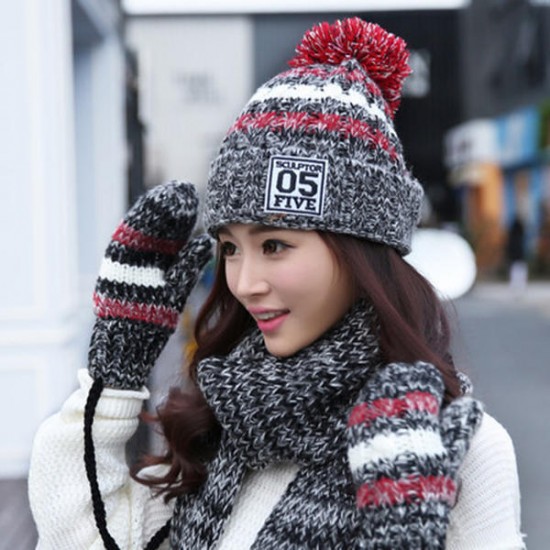 Women's Chic Full Handmade Knitting Three-piece Set Warm Thickened Christmas Knit Hat Scarf Gloves