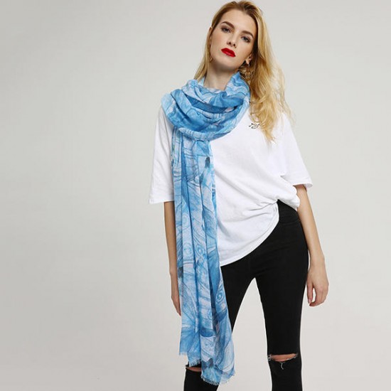 Women's Chiness Watercolor Printting Scarf Lightweight Breathable Linen Spring Summer Shawl