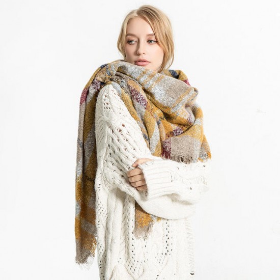 Women's Color Matching Lattice Scarf Ladies Warm Scarf Buttoned Crochet Wrap Pattern