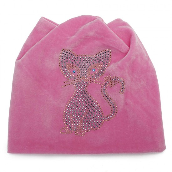 Women's Double Velvet Rhinestones Cute Cat Ears Pattern Beanie Hat