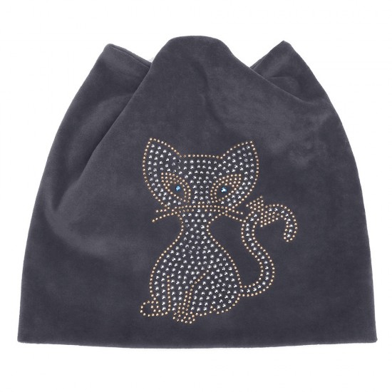 Women's Double Velvet Rhinestones Cute Cat Ears Pattern Beanie Hat