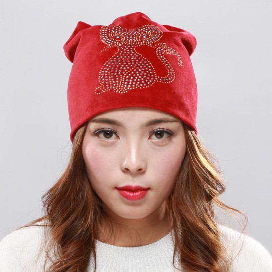 Women's Double Velvet Rhinestones Cute Cat Ears Pattern Beanie Hat