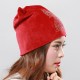 Women's Double Velvet Rhinestones Cute Cat Ears Pattern Beanie Hat