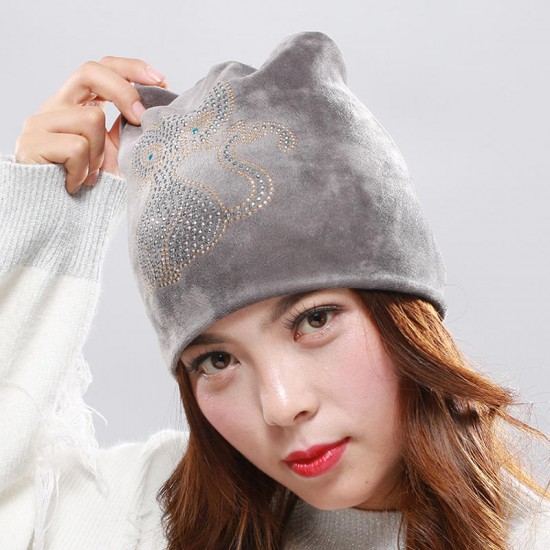 Women's Double Velvet Rhinestones Cute Cat Ears Pattern Beanie Hat