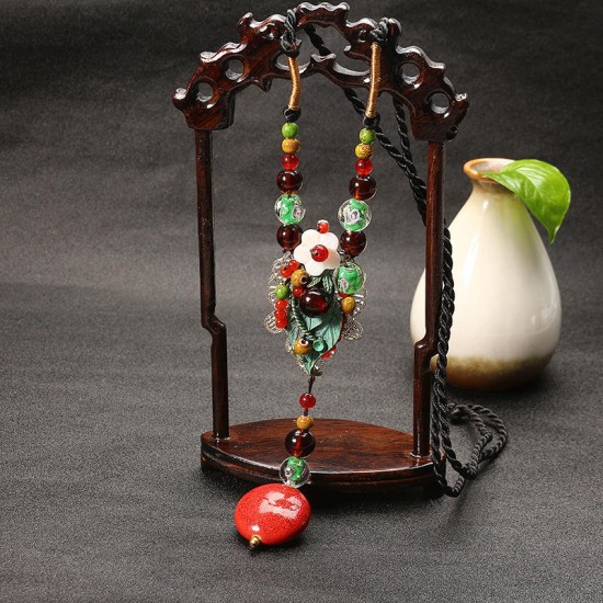 Women's Ethnic Necklace Retro Agate Ceramic Flower Leaves Necklace