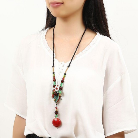 Women's Ethnic Necklace Retro Agate Ceramic Flower Leaves Necklace