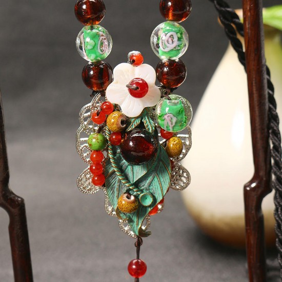 Women's Ethnic Necklace Retro Agate Ceramic Flower Leaves Necklace