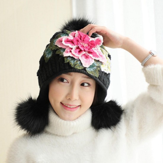 Women's Ethnic Peony Big Flower Embroidery Knit Warm Beanie Hat