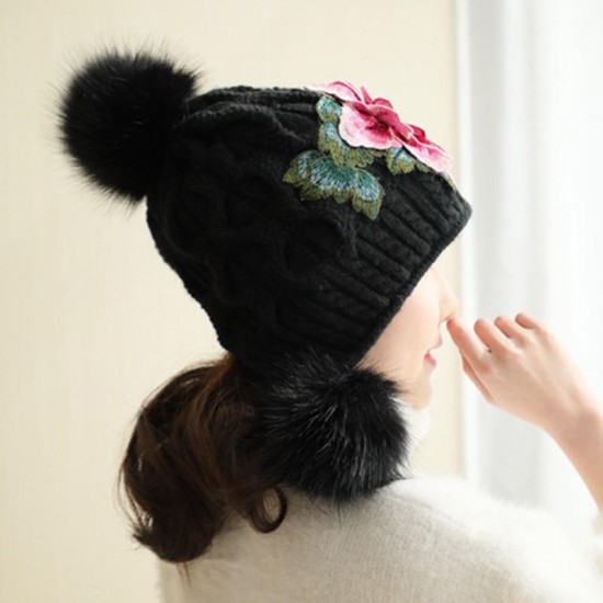 Women's Ethnic Peony Big Flower Embroidery Knit Warm Beanie Hat