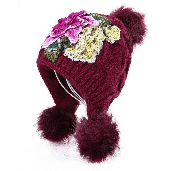 Women's Ethnic Peony Big Flower Embroidery Knit Warm Beanie Hat