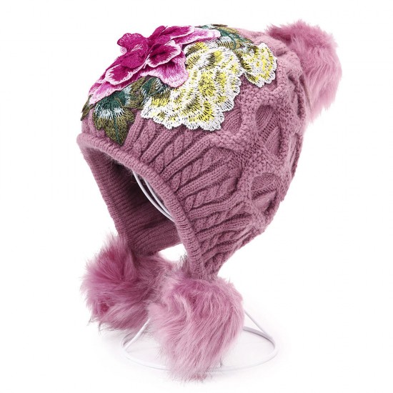 Women's Ethnic Peony Big Flower Embroidery Knit Warm Beanie Hat