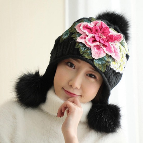 Women's Ethnic Peony Big Flower Embroidery Knit Warm Beanie Hat