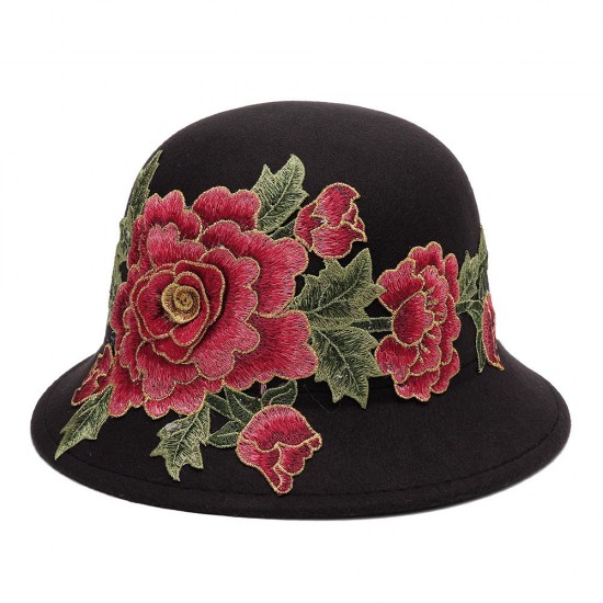 Women's Ethnic Red Peony Bucket Hat Casual Flower Embroidery Cap