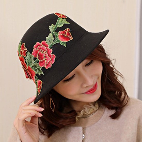 Women's Ethnic Red Peony Bucket Hat Casual Flower Embroidery Cap