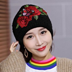 Women's Ethnic Red Peony Embroidery Hair Band Cap Scarf Warm Knitted Ponytail Headband Hat