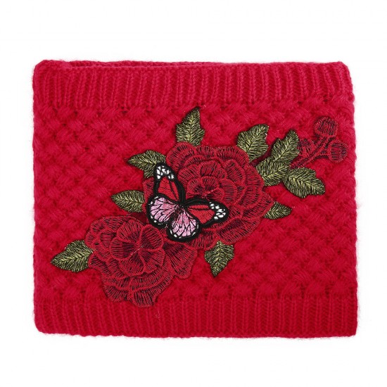 Women's Ethnic Red Peony Embroidery Hair Band Cap Scarf Warm Knitted Ponytail Headband Hat