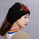 Women's Ethnic Red Peony Embroidery Hair Band Cap Scarf Warm Knitted Ponytail Headband Hat