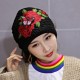 Women's Ethnic Red Peony Embroidery Hair Band Cap Scarf Warm Knitted Ponytail Headband Hat