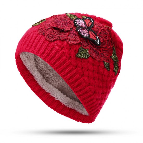 Women's Ethnic Red Peony Embroidery Hair Band Cap Scarf Warm Knitted Ponytail Headband Hat