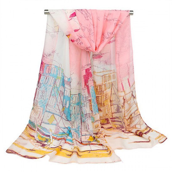 Women's Georgette Silk Soft Scarves Shawl High Quality Oil Painting Print Long Scarf