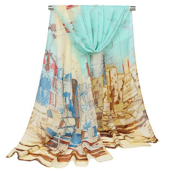 Women's Georgette Silk Soft Scarves Shawl High Quality Oil Painting Print Long Scarf