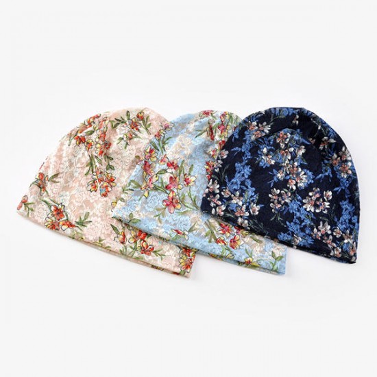 Womens Lace Jacquard Double Layers Beanie Blossom Print Elastic Modal Cotton Hat